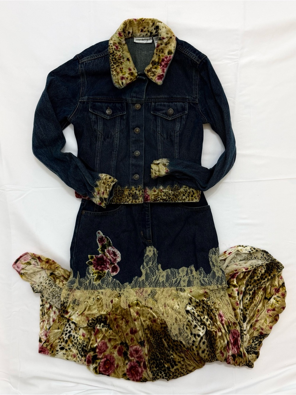 Vintage Jeanology Denim Leopard Print Lace Maxi Skirt Jacket Size 2 Women’s